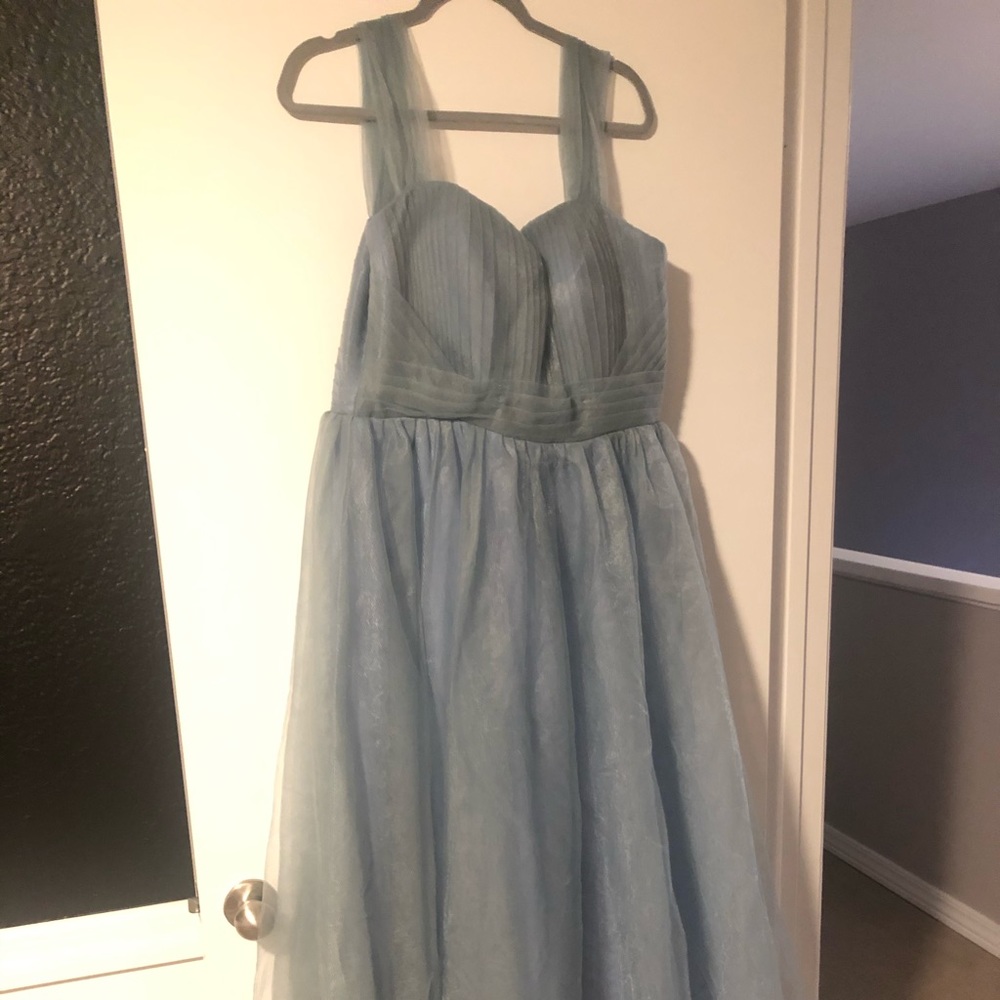 Dusty blue toile bridesmaid dress